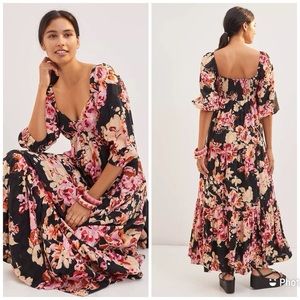 Anthropologie Blossom Floral Maxi Dress in Black & Pink, size XS